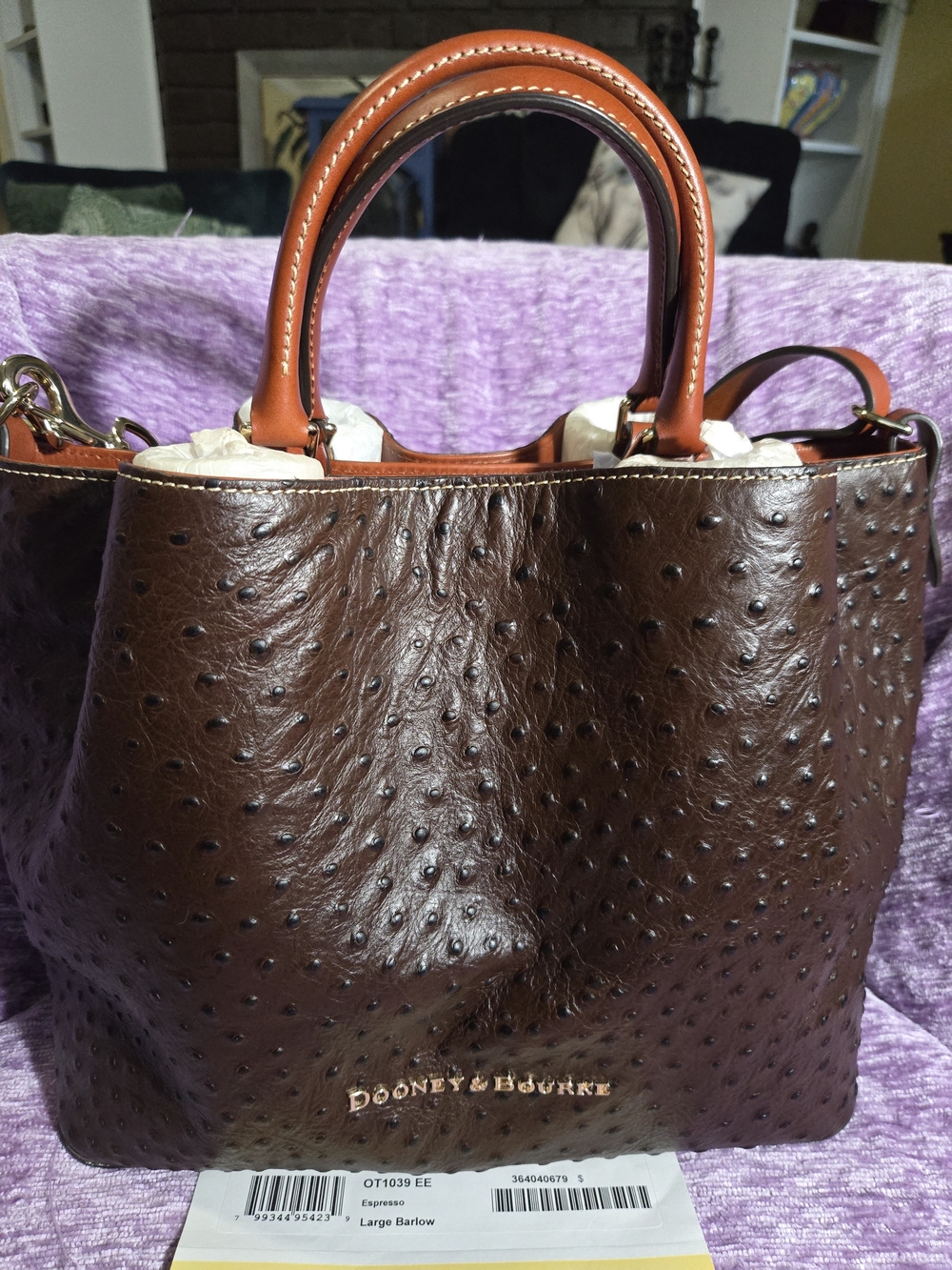 💫Dooney & Bourke Large BARLOW Expresso, Ostrich-Embossed Vachetta-Trim Bag.New